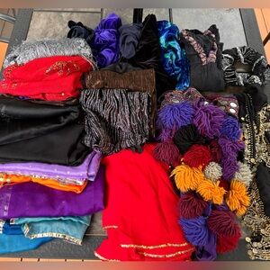 25 piece belly dancing lot (tassel belt, scarves, crop tops, skirts, headwear)